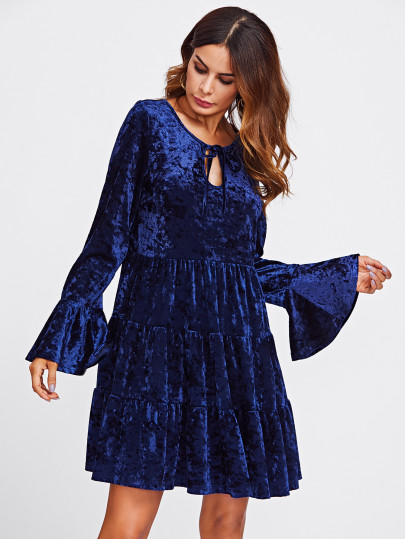 Keyhole Tie Neck Bell Cuff Tiered Velvet Dress