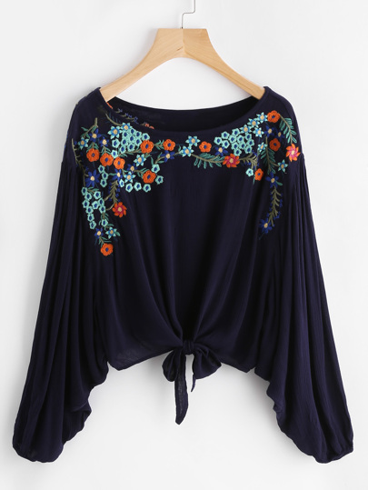 Knot Front Embroidered Dolman Top