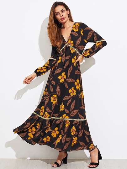 Dot Crochet Insert Flower Print Tiered Hem Dress