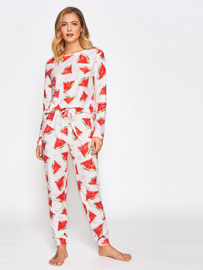 Allover Watermelon Print Top And Drawstring Pants Pajama Set