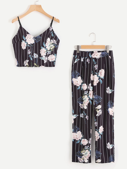 Striped Floral Crop Cami And Pants Set