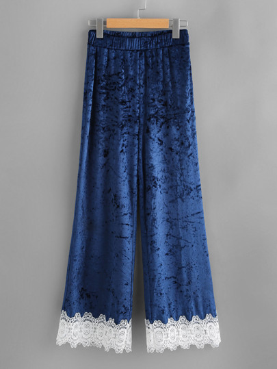 Contrast Lace Trim Crushed Velvet Palazzo Pants