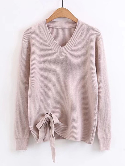 Ribbed Trim Knot Hem Sweater