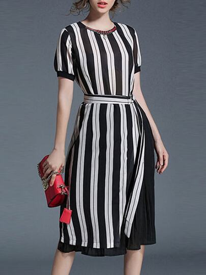 Color Block Striped Pleated Dress