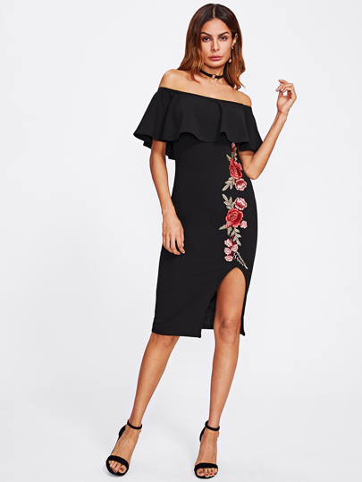Embroidery Patch Slit Front Frill Bardot Dress