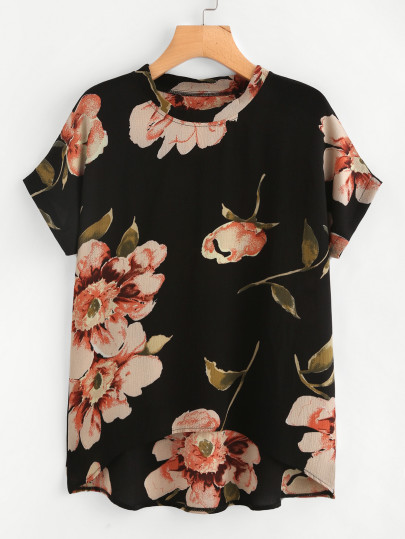 Random Florals Dip Hem Chiffon Top