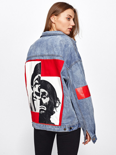 Jeans Jacke mit Patch hinten und Buchstaben