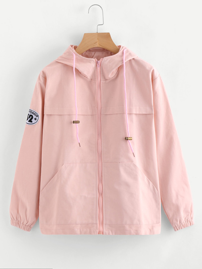 Hooded Patch Detail Zip Up Jacket