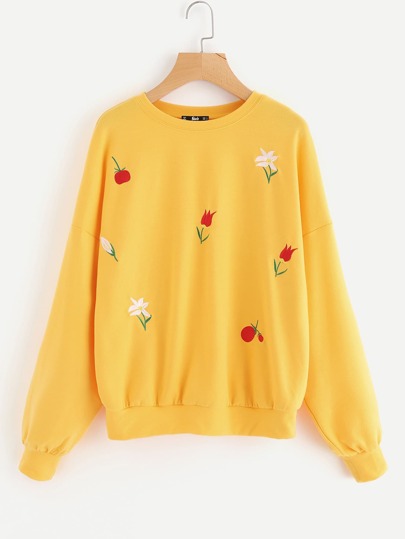 Drop Shoulder Flower Embroidery Sweatshirt