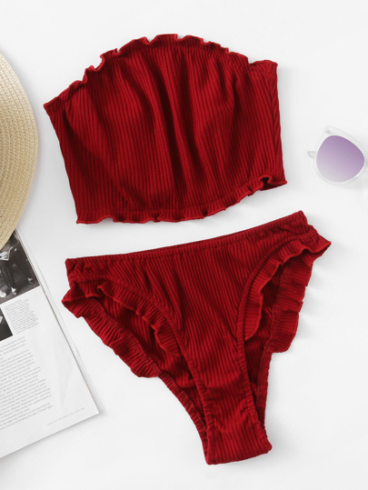 Frill Trim Ribbed Bandeau Top With Tanga Brief