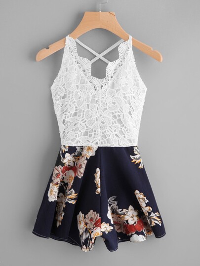 Crochet Lace Panel Bow Tie Back Florals Romper