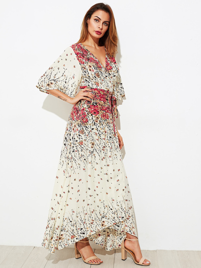 Flower Print Kimono Sleeve Surplice Wrap Dress