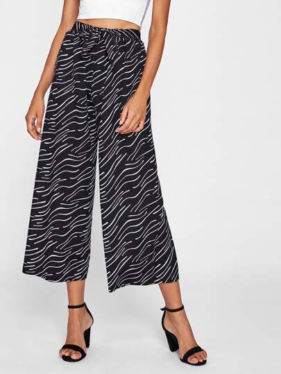 Tie Waist Allover Print Culotte Pants