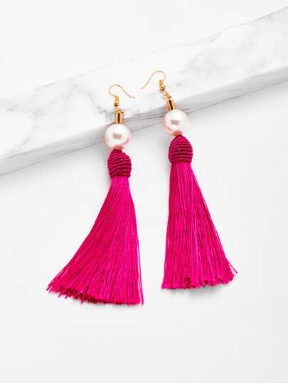 Pendientes con perla de imitación y flecos