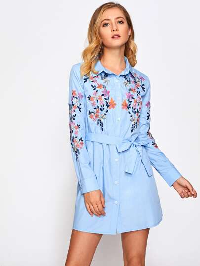 Self Belted Botanical Embroidered Shirt Dress