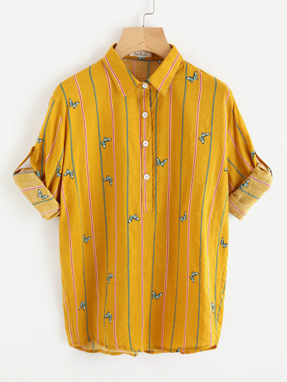 Roll Tab Sleeve Butterfly Print Shirt
