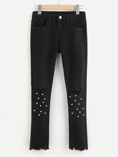 Ripped Hem Knee Rips Faux Pearl Decoration Jeans