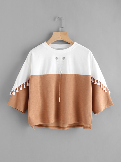 Two Tone Tassel Trim Tee With Y Necklace