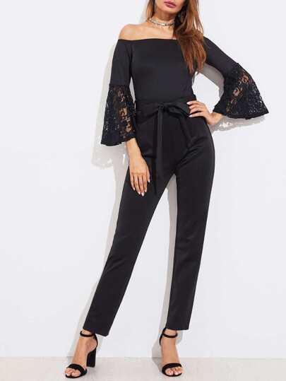 Floral Lace Bell Cuff Self Belted Bardot Jumpsuit