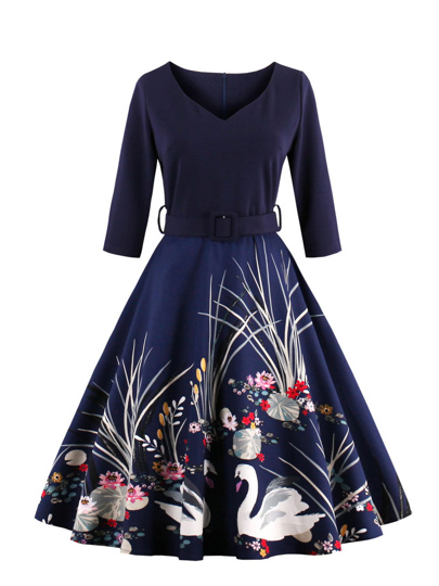 Graphic Print Circle Dress With Belt