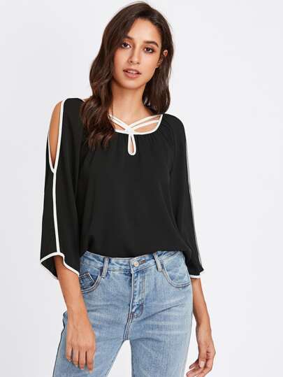 Keyhole Strappy Neck Contrast Binding Blouse