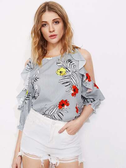 Random Jungle Print Open Shoulder Frill Trim Top
