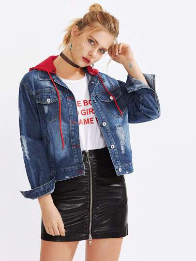 Ripped Drop Shoulder Hooded Denim Jacket