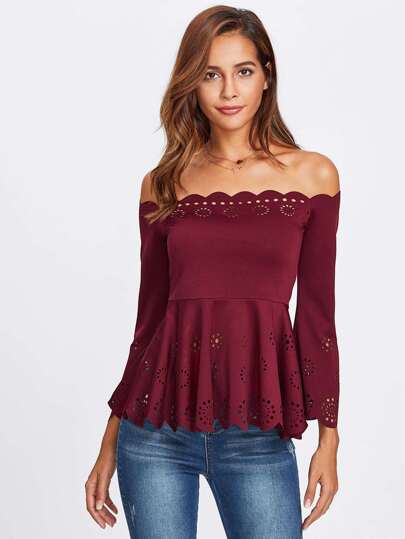 Scalloped Laser Cut Bardot Peplum Top
