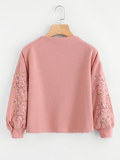 Sudadera con bordado de flor de manga farol