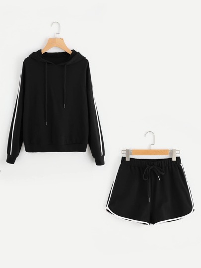 Striped Sleeve Hoodie & Dolphin Hem Shorts Set