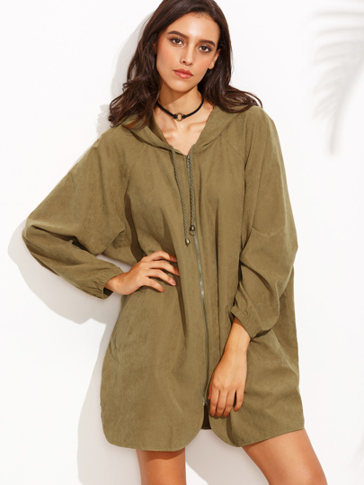 Zipper Front Dolphin Hem Hooded Outerwear