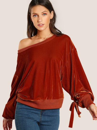 Bow Tie Exaggerate Lantern Sleeve Velvet Sweatshirt