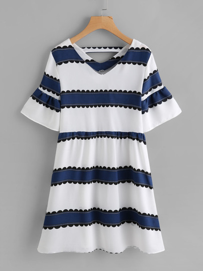 Double V Neckline Fluted Sleeve Contrast Striped Dress