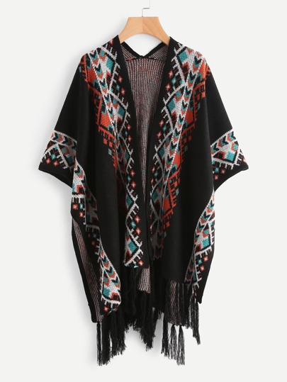 Aztec Pattern Fringe Hem Poncho Cardigan