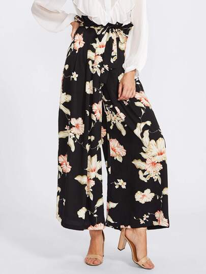 Belted Frill Waist Box Pleated Palazzo Pants