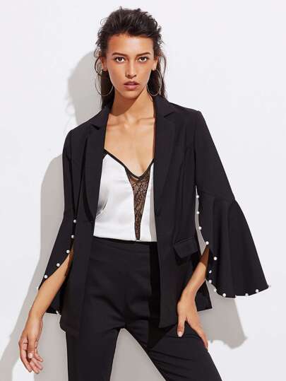 Pearl Beading Split Bell Sleeve Blazer