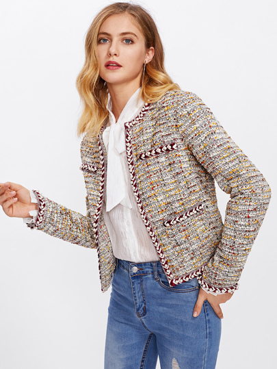Pearl Beading Braided Tape Trim Tweed Blazer