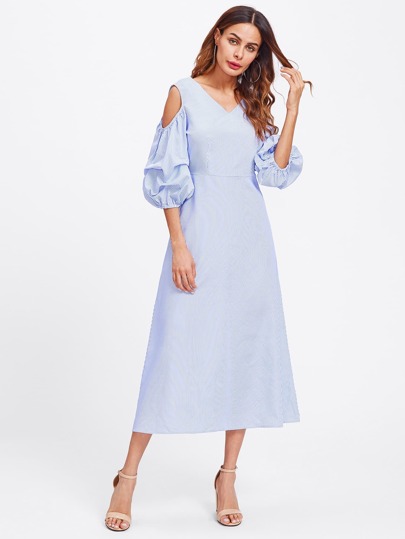 Open Shoulder Dual V Neck Lantern Sleeve Pinstripe Dress