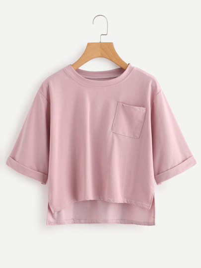 Roll Sleeve Slit Side High Low Tee