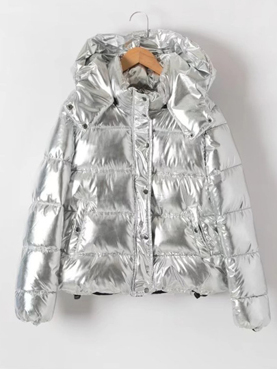 Metallic Quilted Padded Coat With Hood
