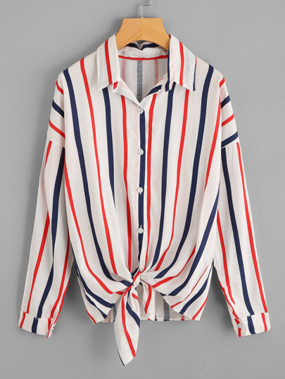 Vertical Striped Drop Shoulder Knotted Shirt