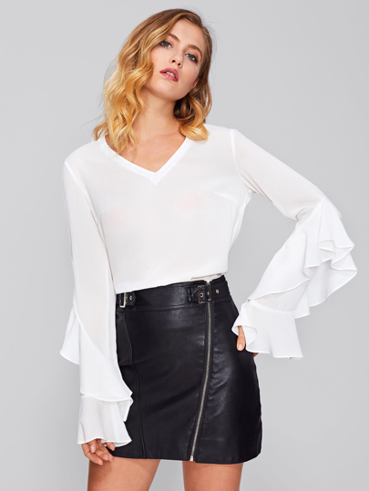 Flounce Trim Bell Cuff Semi Sheer Top
