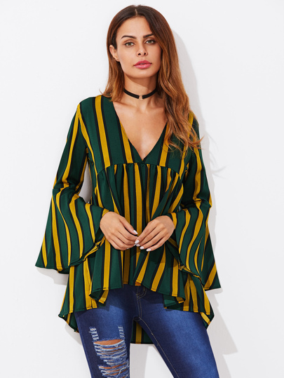 V-neckline Fluted Sleeve Dip Hem Striped Blouse