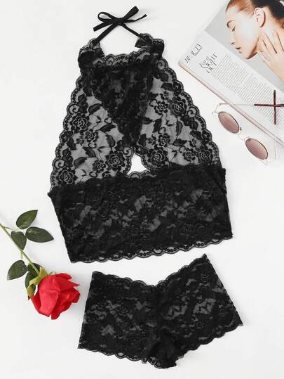 Scallop Trim Floral Lace Lingerie Set