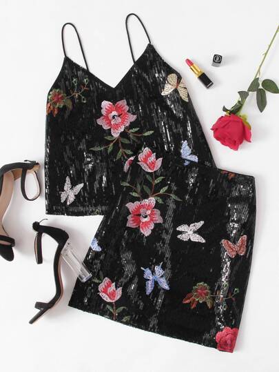 Embroidery Sequin Cami Top & Skirt Set