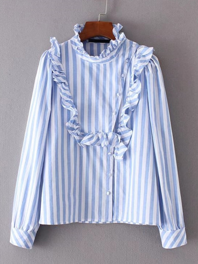 Ruffle Detail Oblique Button Striped Blouse