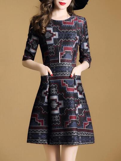 Geometric Print Pockets Dress