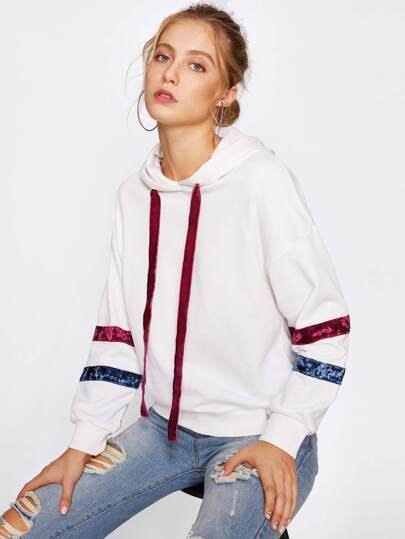 Drop Shoulder Velvet Detail Hoodie