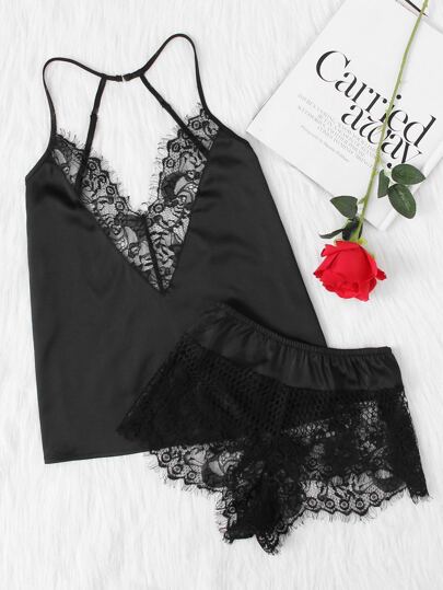 Strappy Plunging Cami & Lace Brief Pajama Set