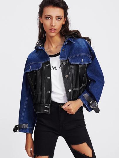 Blouson contrasté en cuir faux en denim avec boucle